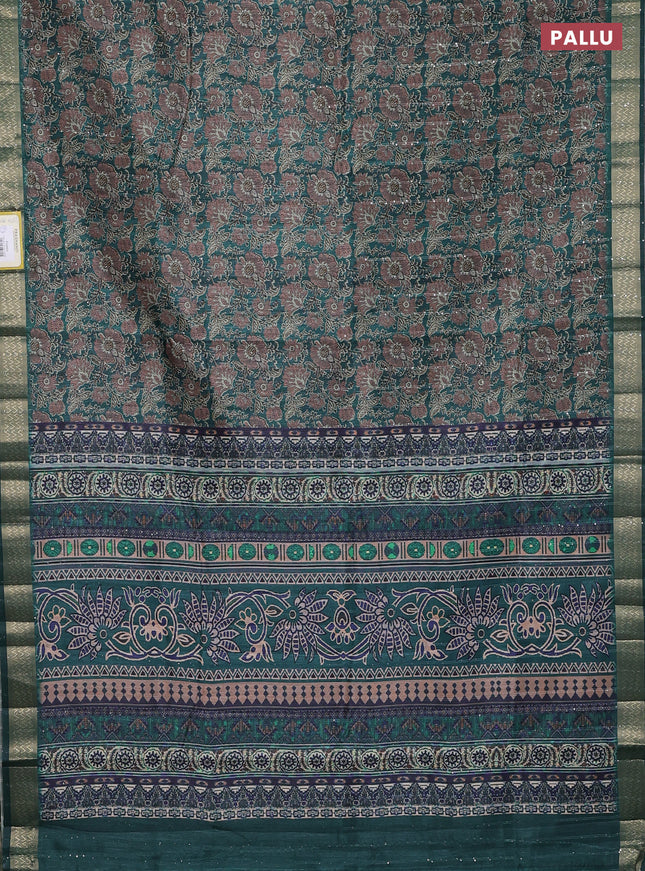 Semi tussar saree green with allover kalamkari prints & sequin work and zari woven border