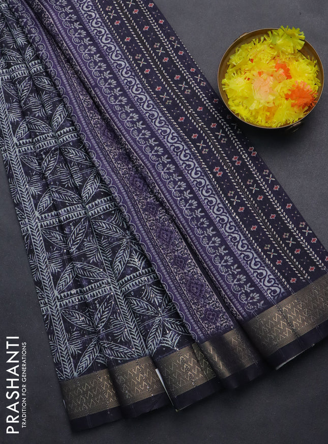 Semi tussar saree deep jamun shade with allover leaf prints & sequin work and zari woven border