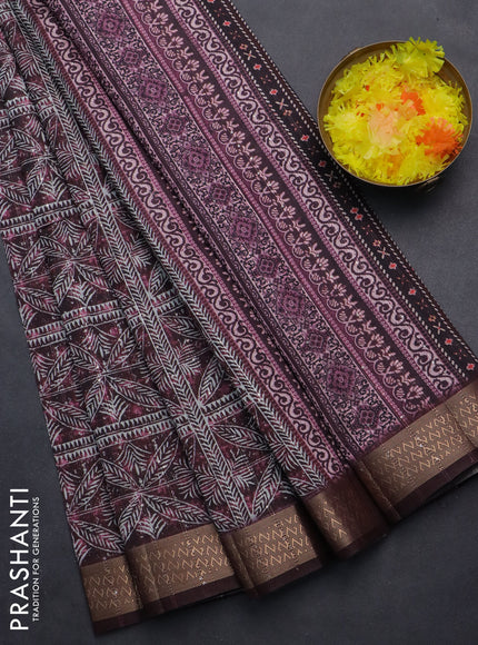 Semi tussar saree wine shade with allover leaf prints & sequin work and zari woven border