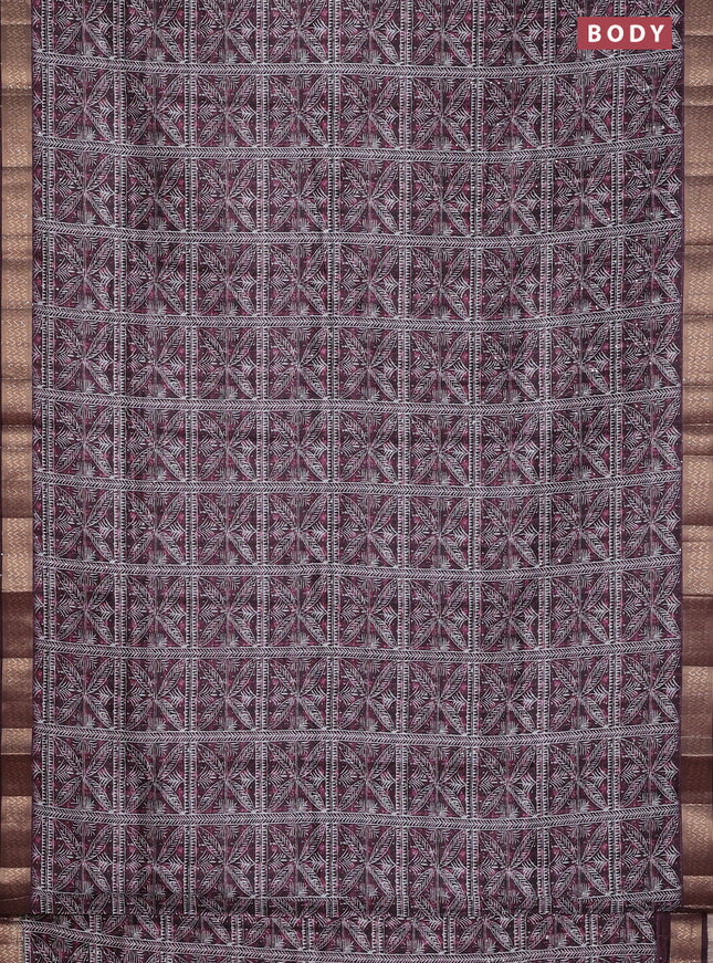 Semi tussar saree wine shade with allover leaf prints & sequin work and zari woven border