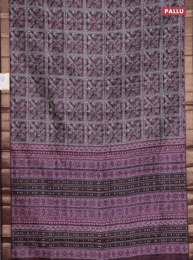 Semi tussar saree wine shade with allover leaf prints & sequin work and zari woven border