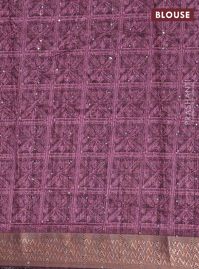 Semi tussar saree wine shade with allover leaf prints & sequin work and zari woven border