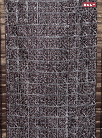 Semi tussar saree brown with allover leaf prints & sequin work and zari woven border