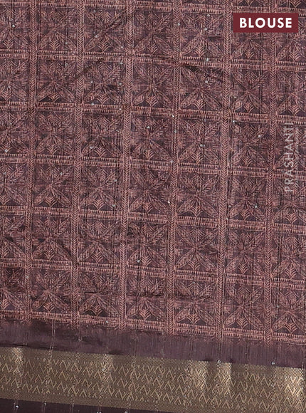 Semi tussar saree brown with allover leaf prints & sequin work and zari woven border