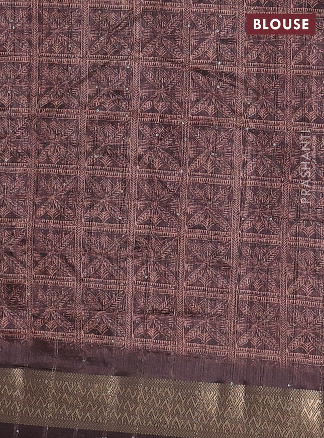 Semi tussar saree brown with allover leaf prints & sequin work and zari woven border
