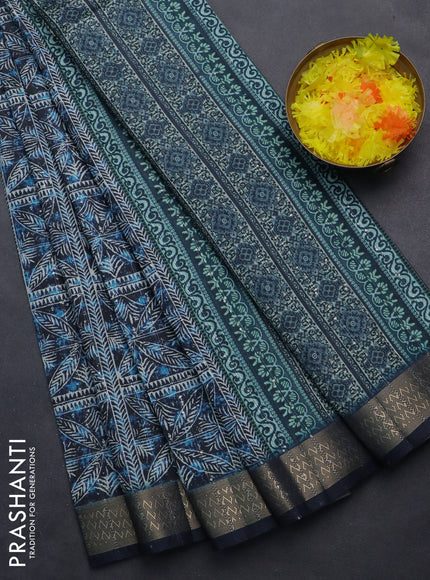 Semi tussar saree dark blue with allover leaf prints & sequin work and zari woven border