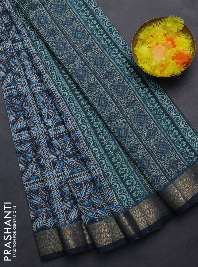 Semi tussar saree dark blue with allover leaf prints & sequin work and zari woven border