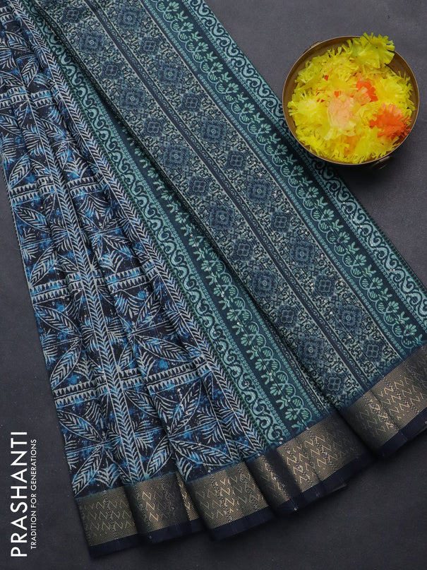 Semi tussar saree dark blue with allover leaf prints & sequin work and zari woven border