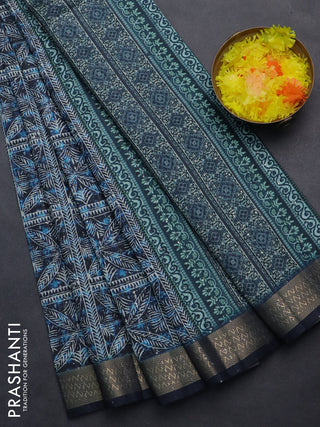 Semi tussar saree dark blue with allover leaf prints & sequin work and zari woven border