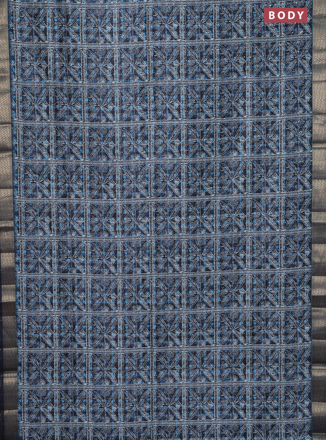 Semi tussar saree dark blue with allover leaf prints & sequin work and zari woven border