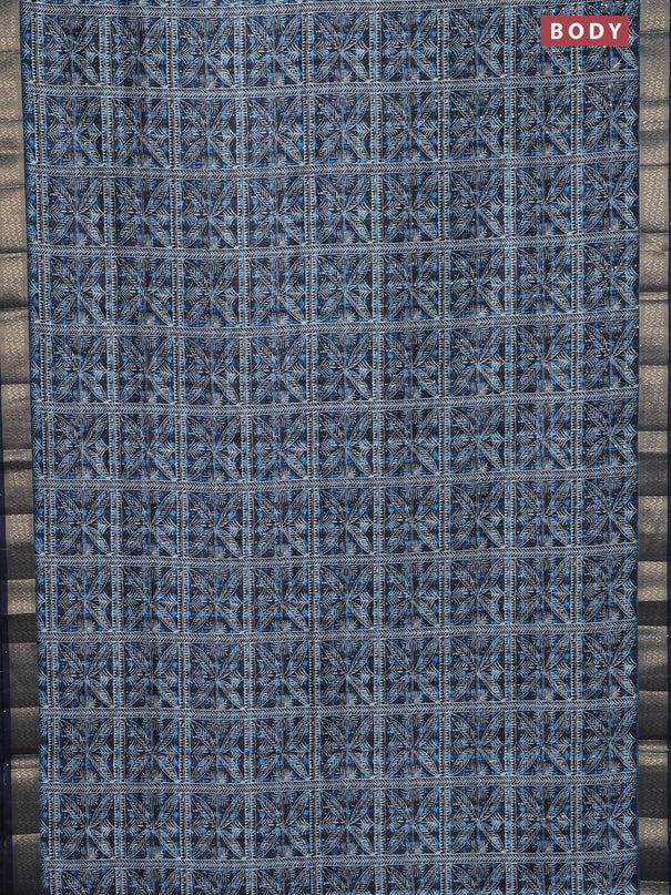 Semi tussar saree dark blue with allover leaf prints & sequin work and zari woven border