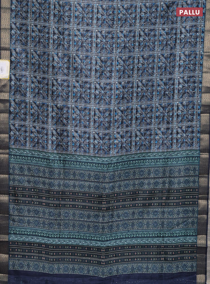 Semi tussar saree dark blue with allover leaf prints & sequin work and zari woven border