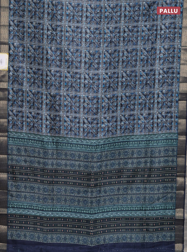Semi tussar saree dark blue with allover leaf prints & sequin work and zari woven border