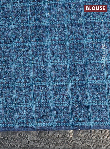 Semi tussar saree dark blue with allover leaf prints & sequin work and zari woven border
