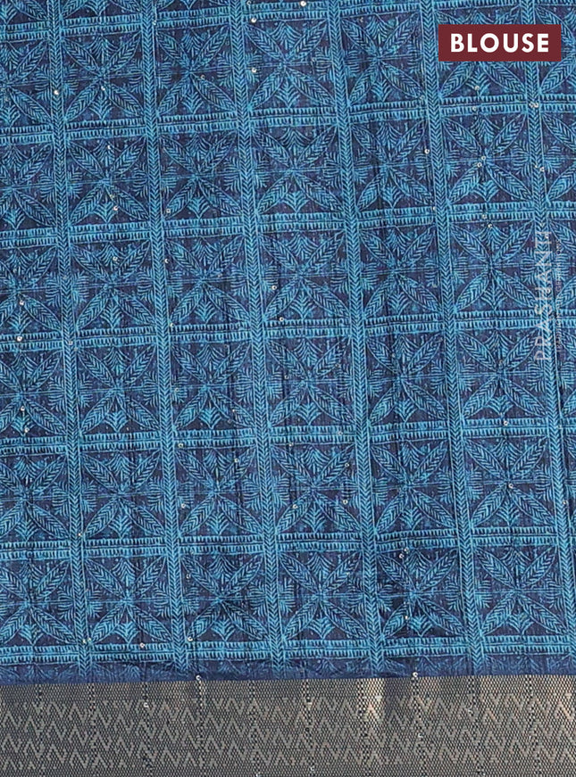 Semi tussar saree dark blue with allover leaf prints & sequin work and zari woven border