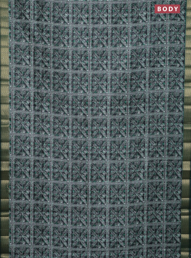 Semi tussar saree green with allover leaf prints & sequin work and zari woven border