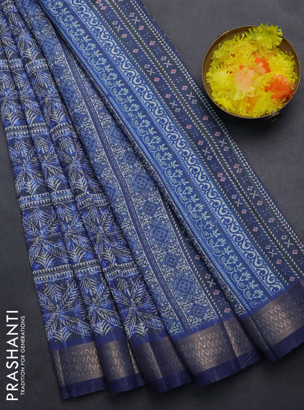 Semi tussar saree blue and grey with allover leaf prints & sequin work and zari woven border