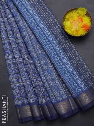 Semi tussar saree blue and grey with allover leaf prints & sequin work and zari woven border