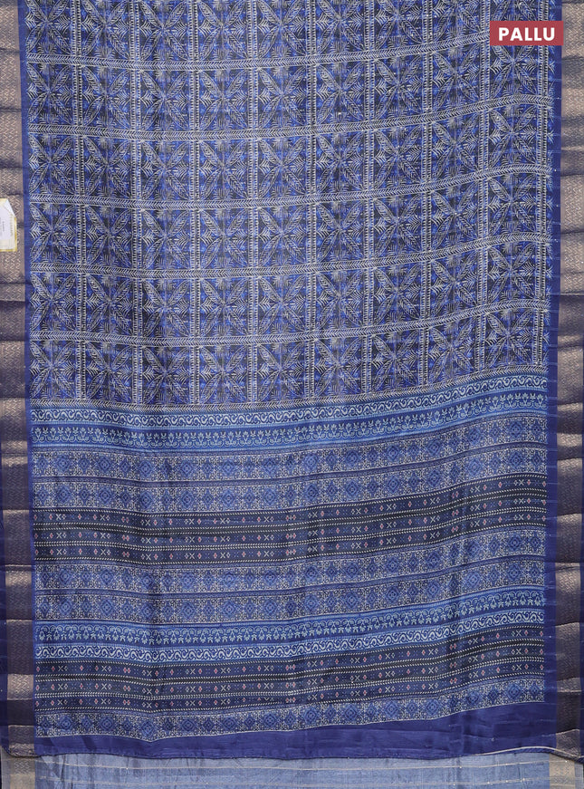Semi tussar saree blue and grey with allover leaf prints & sequin work and zari woven border