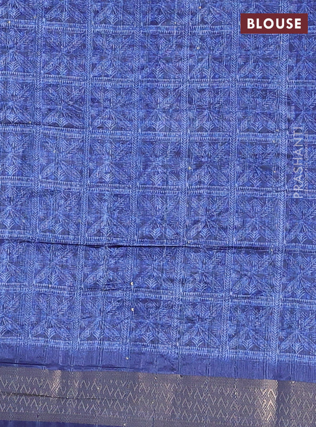 Semi tussar saree blue and grey with allover leaf prints & sequin work and zari woven border