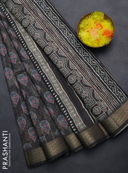 Semi tussar saree grey with floral butta prints & sequin work and zari woven border