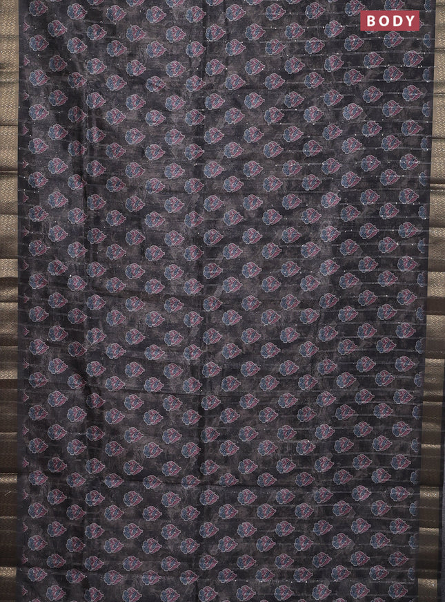 Semi tussar saree grey with floral butta prints & sequin work and zari woven border