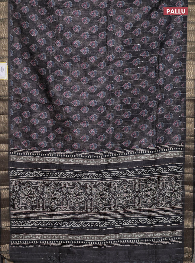 Semi tussar saree grey with floral butta prints & sequin work and zari woven border