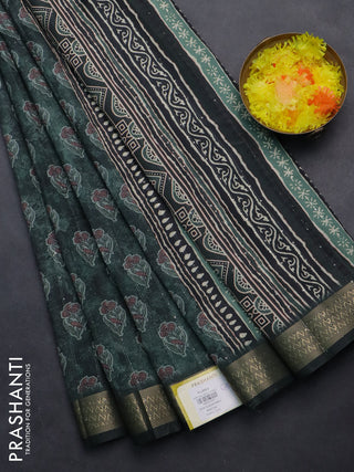 Semi tussar saree sap green with floral butta prints & sequin work and zari woven border