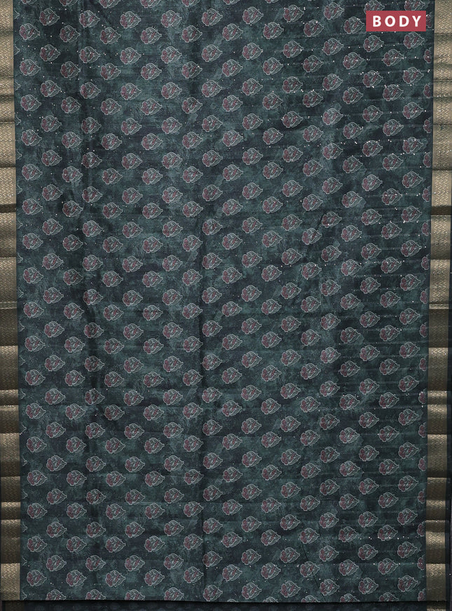 Semi tussar saree sap green with floral butta prints & sequin work and zari woven border