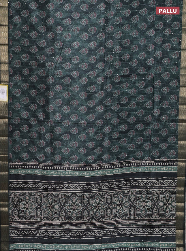 Semi tussar saree sap green with floral butta prints & sequin work and zari woven border