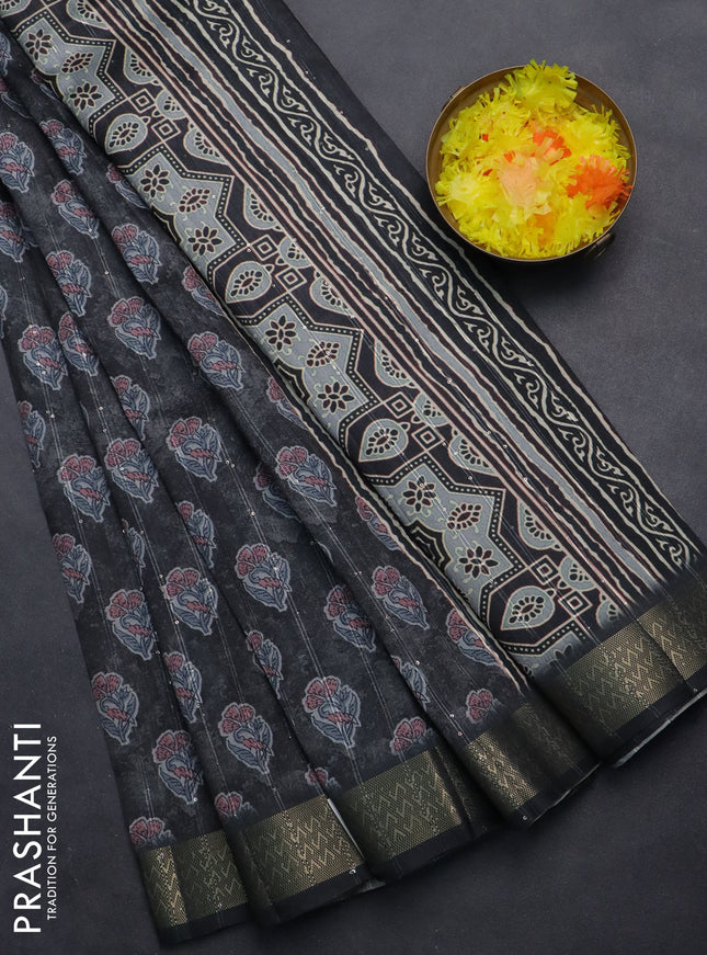 Semi tussar saree grey with floral butta prints & sequin work and zari woven border