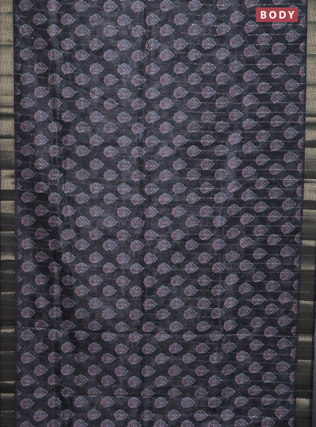 Semi tussar saree grey with floral butta prints & sequin work and zari woven border