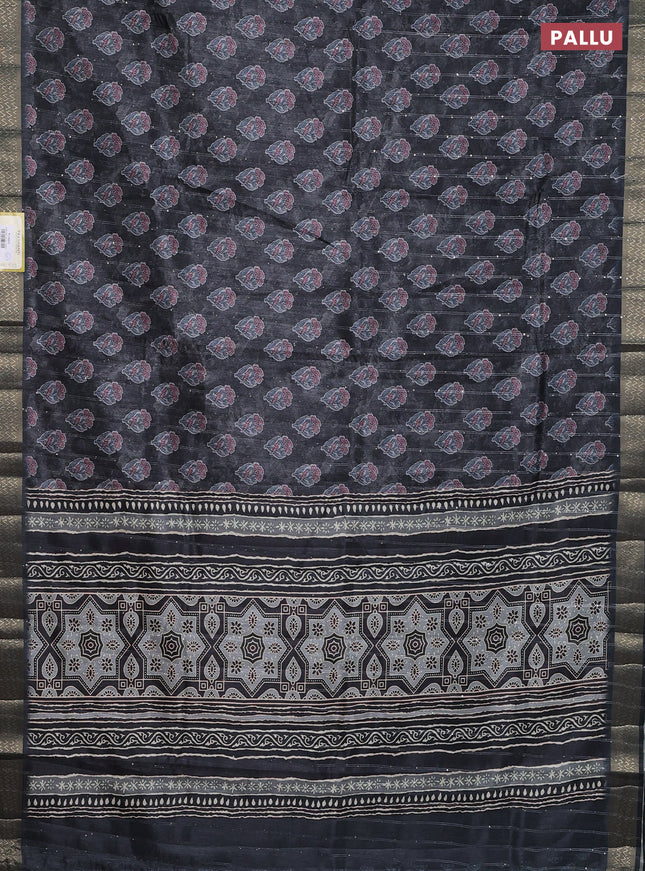 Semi tussar saree grey with floral butta prints & sequin work and zari woven border
