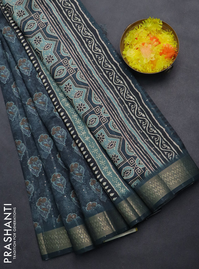 Semi tussar saree dark peacock green with floral butta prints & sequin work and zari woven border