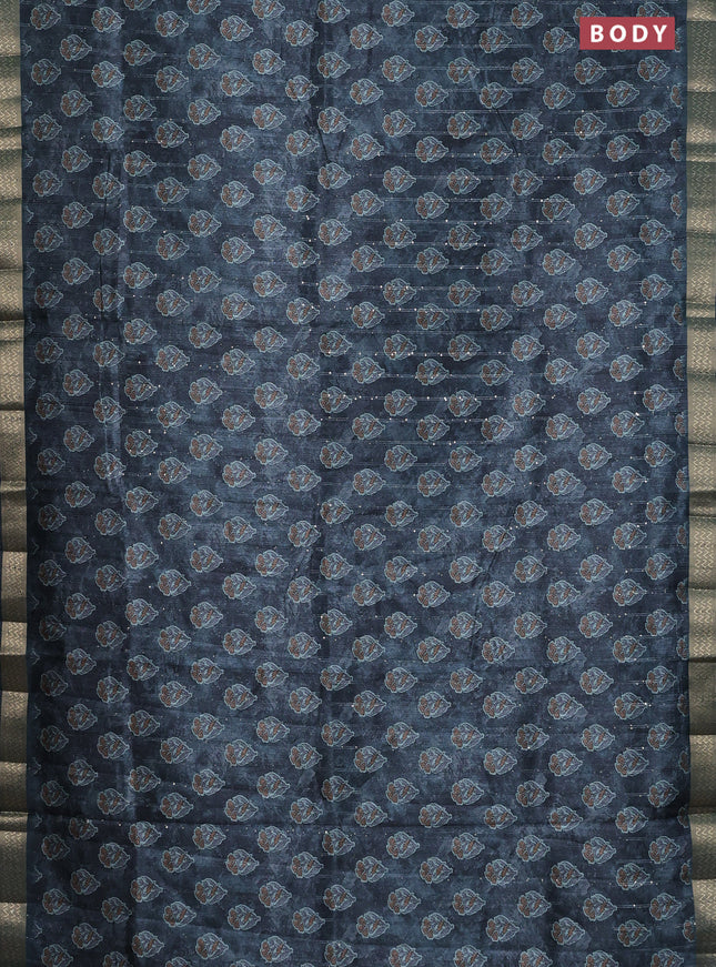 Semi tussar saree dark peacock green with floral butta prints & sequin work and zari woven border