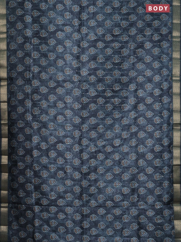 Semi tussar saree dark peacock green with floral butta prints & sequin work and zari woven border