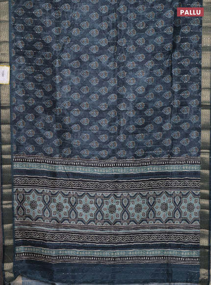 Semi tussar saree dark peacock green with floral butta prints & sequin work and zari woven border