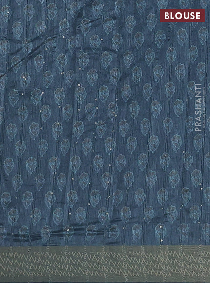 Semi tussar saree dark peacock green with floral butta prints & sequin work and zari woven border