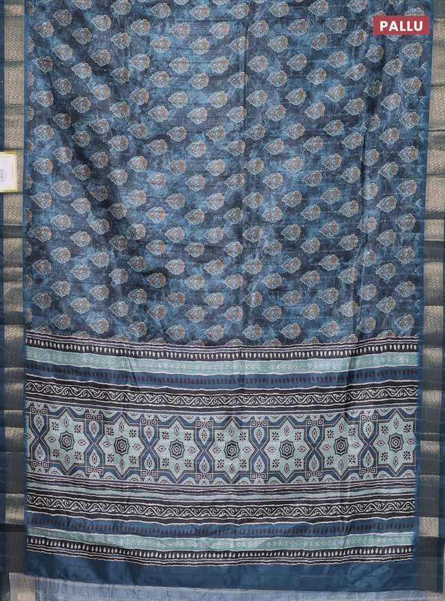 Semi tussar saree blue shade with floral butta prints & sequin work and zari woven border