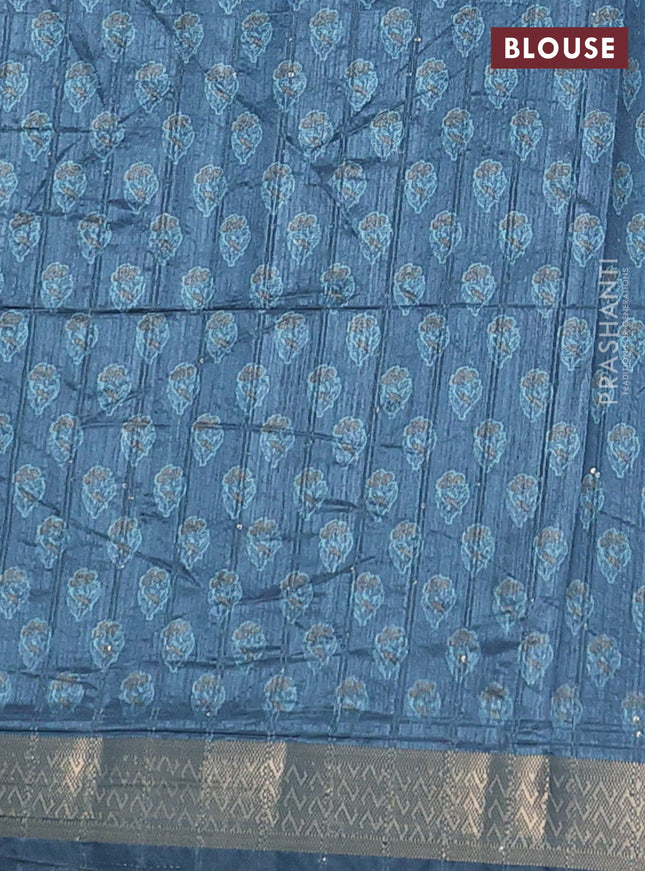 Semi tussar saree blue shade with floral butta prints & sequin work and zari woven border