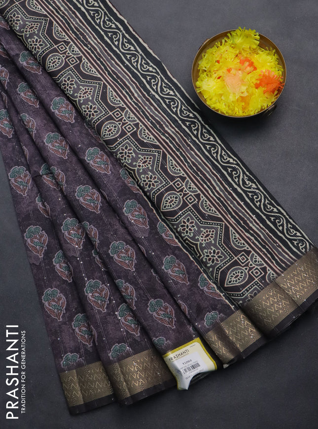 Semi tussar saree brown with floral butta prints & sequin work and zari woven border