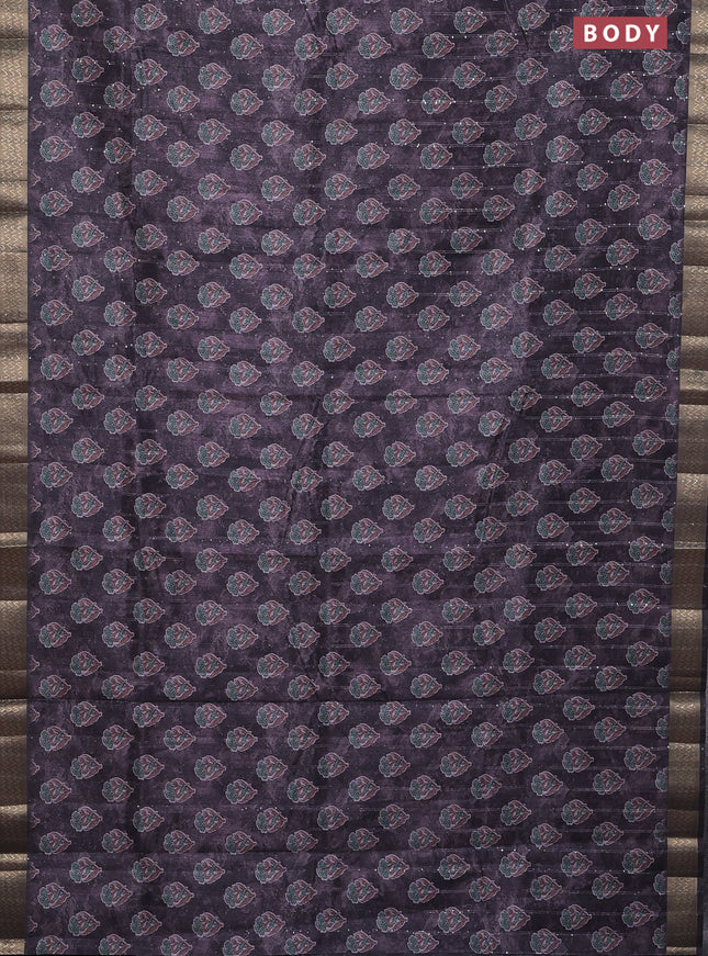 Semi tussar saree brown with floral butta prints & sequin work and zari woven border