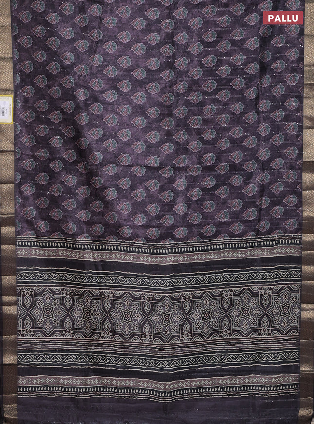 Semi tussar saree brown with floral butta prints & sequin work and zari woven border