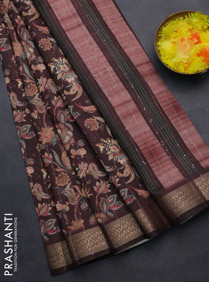 Semi tussar saree deep maroon with kalamakri prints & sequin work and zari woven border