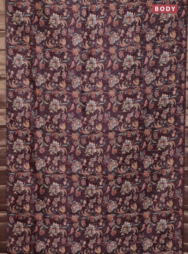 Semi tussar saree deep maroon with kalamakri prints & sequin work and zari woven border