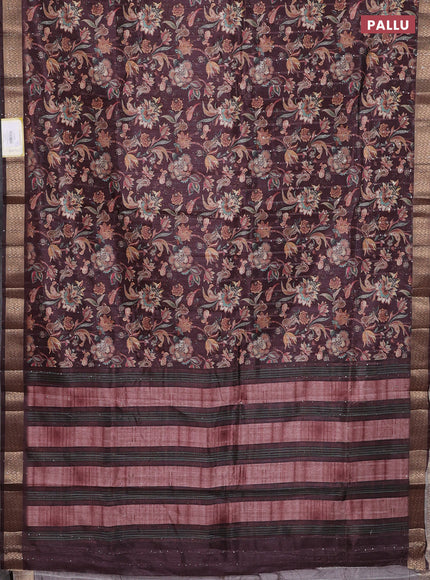 Semi tussar saree deep maroon with kalamakri prints & sequin work and zari woven border