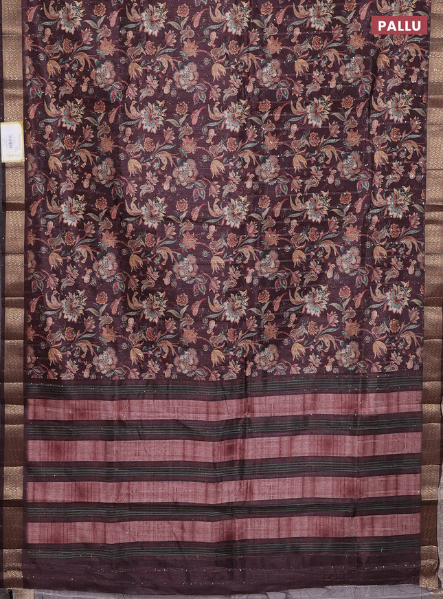 Semi tussar saree deep maroon with kalamakri prints & sequin work and zari woven border