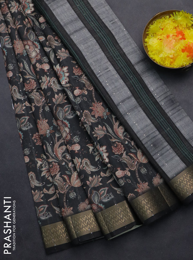 Semi tussar saree elephant grey with kalamakri prints & sequin work and zari woven border