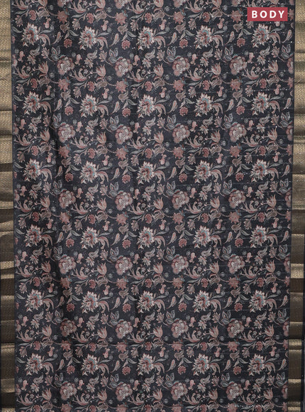 Semi tussar saree elephant grey with kalamakri prints & sequin work and zari woven border