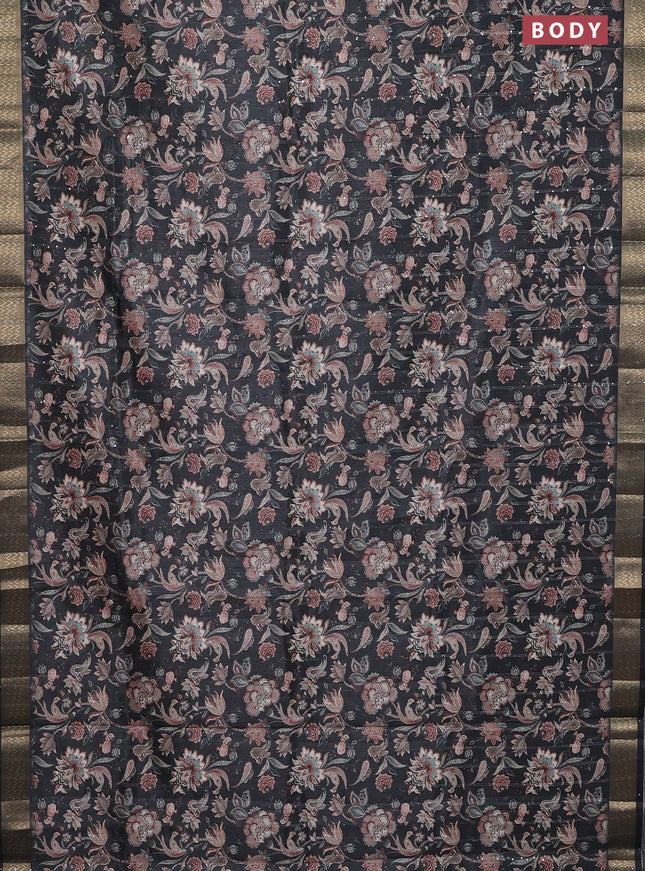 Semi tussar saree elephant grey with kalamakri prints & sequin work and zari woven border